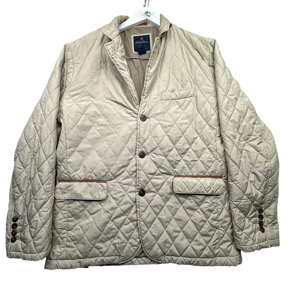 Brooks Brothers Diamond Quilted Walking Coat Mens XL Large Beige Khaki Leather